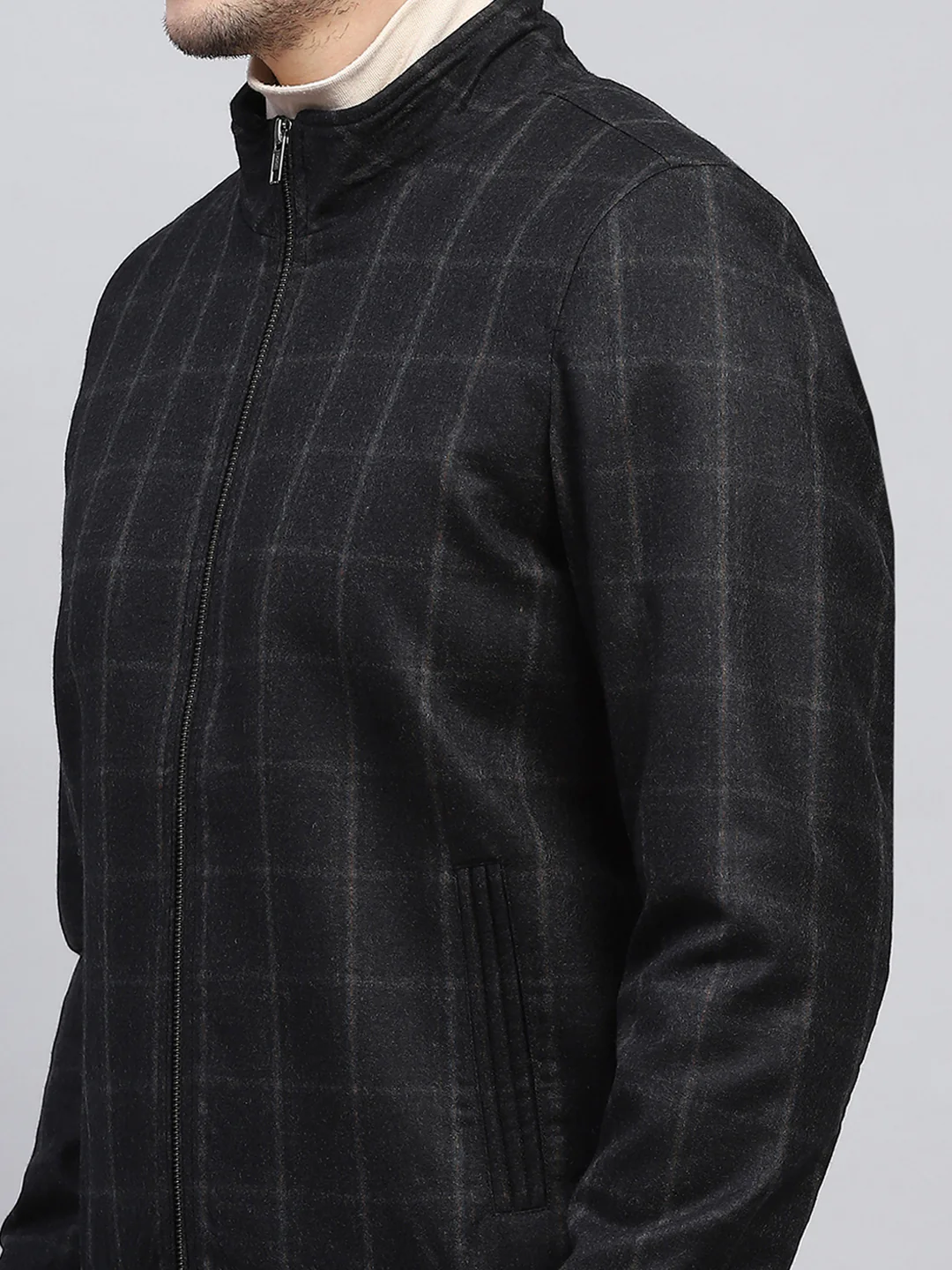 Men Black Check Mock Neck Full Sleeve Coat - Image 7