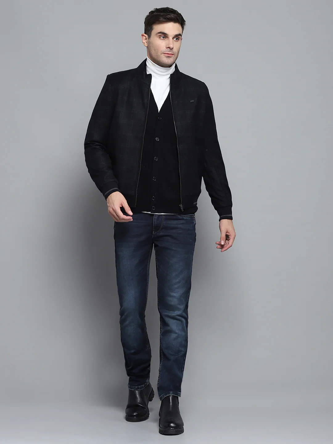 Men Black Check Mock Neck Full Sleeve Jacket - Image 2