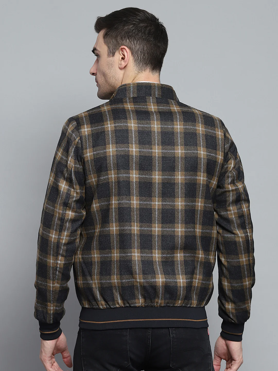 Men Black Check Mock Neck Full Sleeve Jacket - Image 5