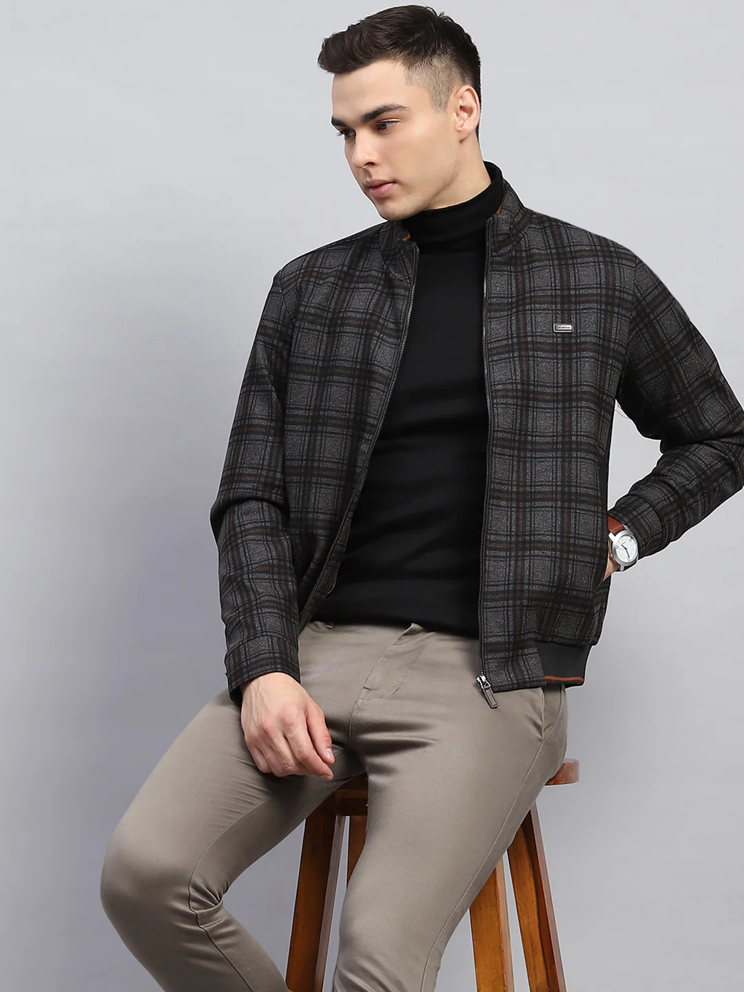 Men Black Check Mock Neck Full Sleeve Knitted Jacket - Image 6