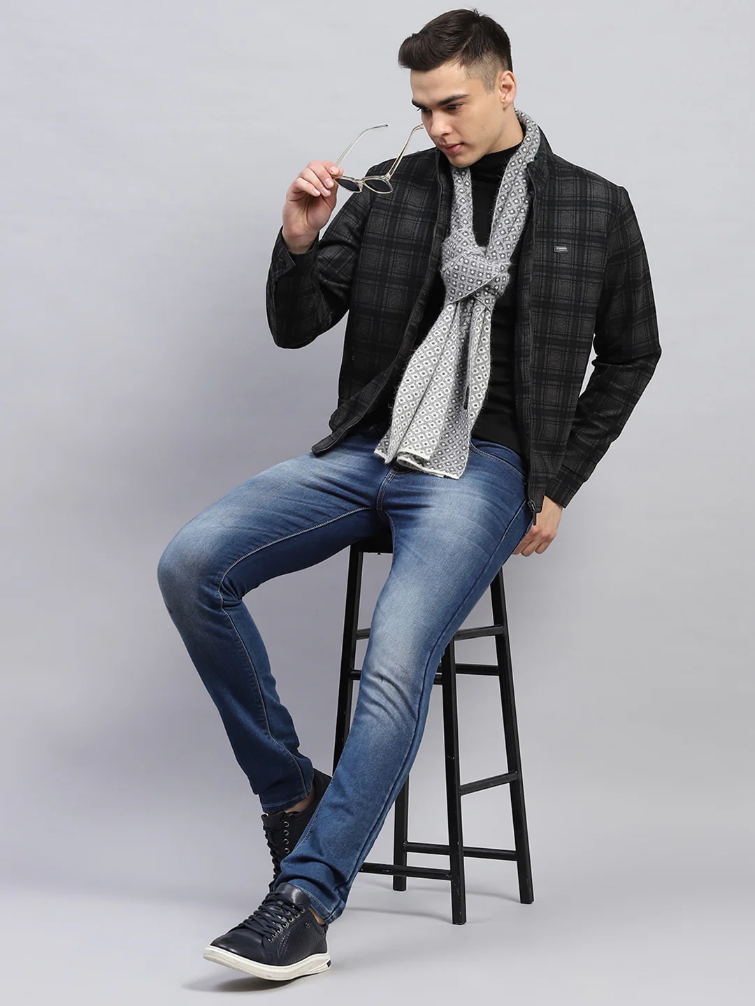 Men Black Check Mock Neck Full Sleeve Knitted Jacket - Image 2
