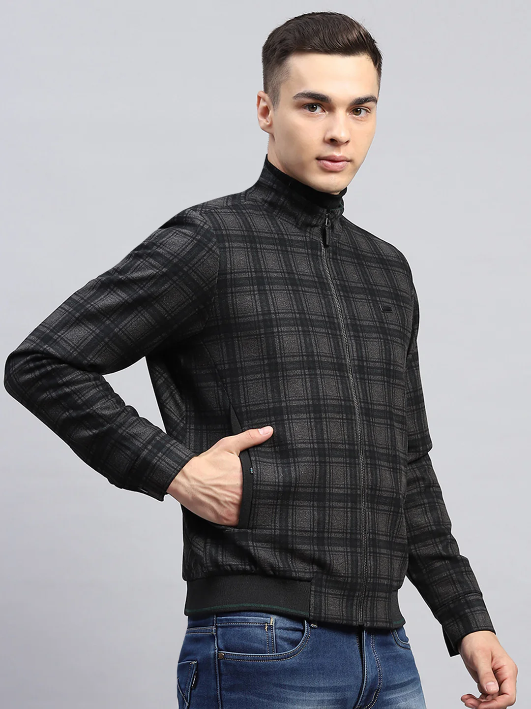 Men Black Check Mock Neck Full Sleeve Knitted Jacket - Image 4