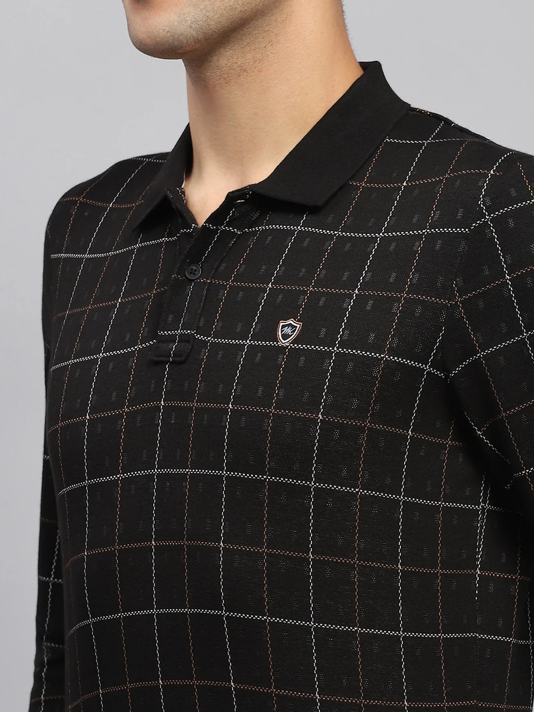 Men Black Check Polo Collar Full Sleeve Sweatshirt - Image 6
