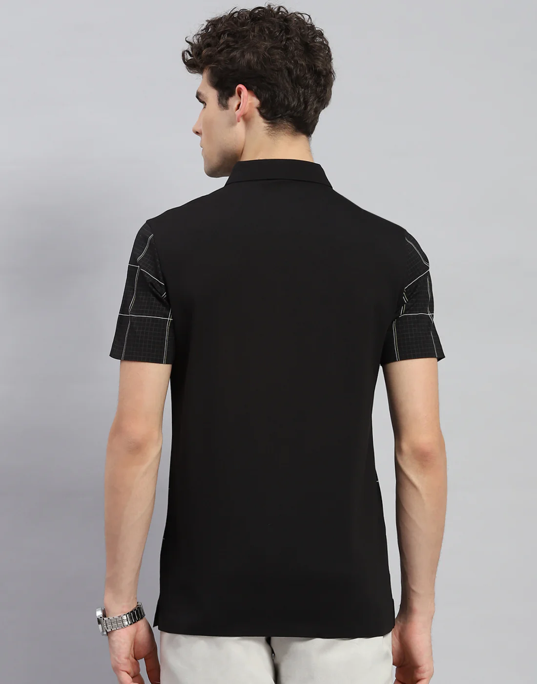 Men Black Check Polo Collar Half Sleeve T-Shirt - Image 5