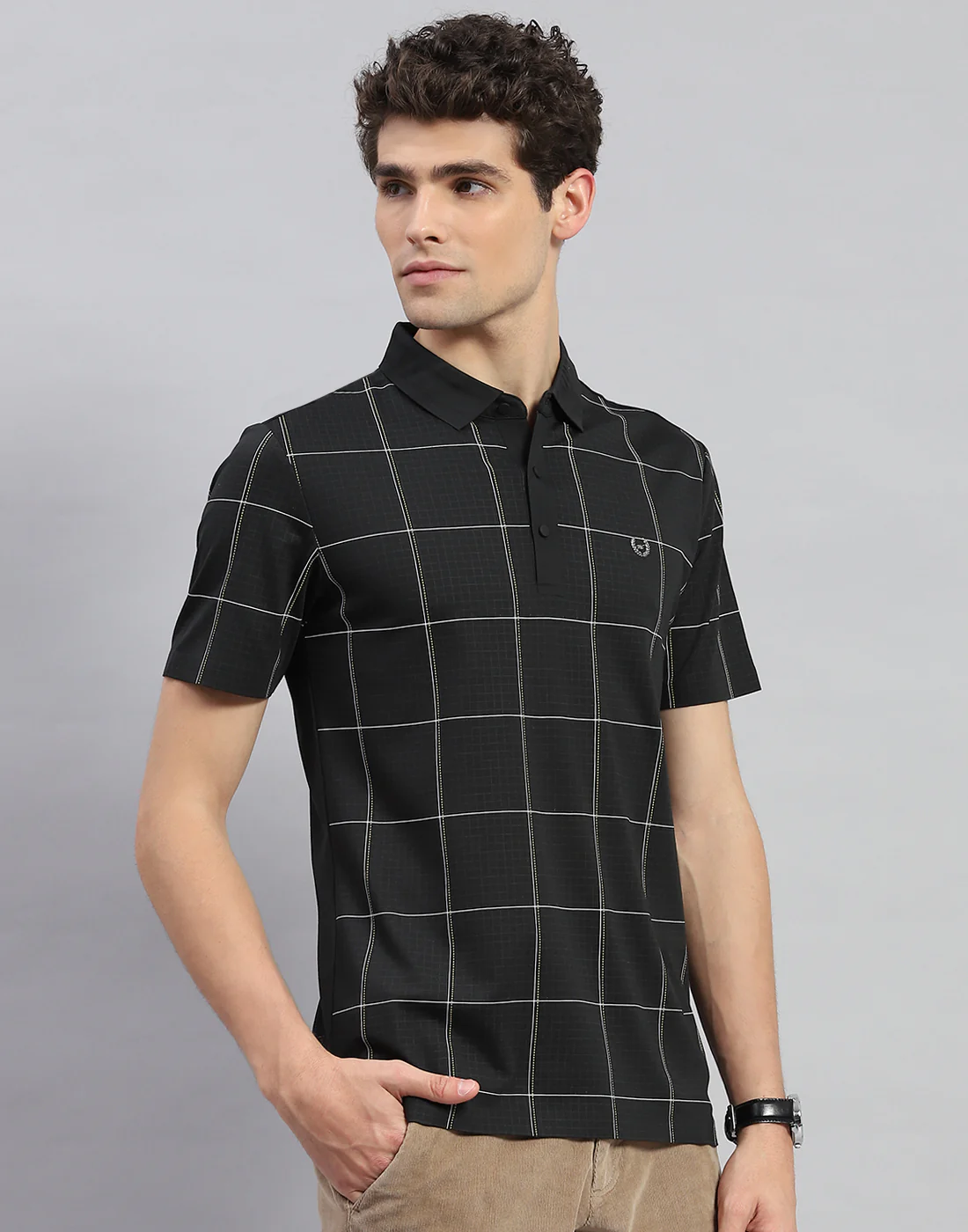 Men Black Check Polo Collar Half Sleeve T-Shirt - Image 4