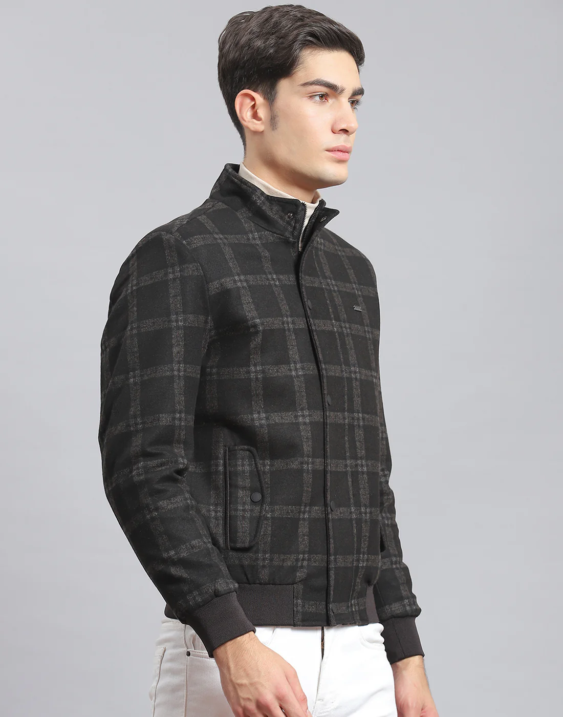 Men Black Check Stand Collar Full Sleeve Coat - Image 4