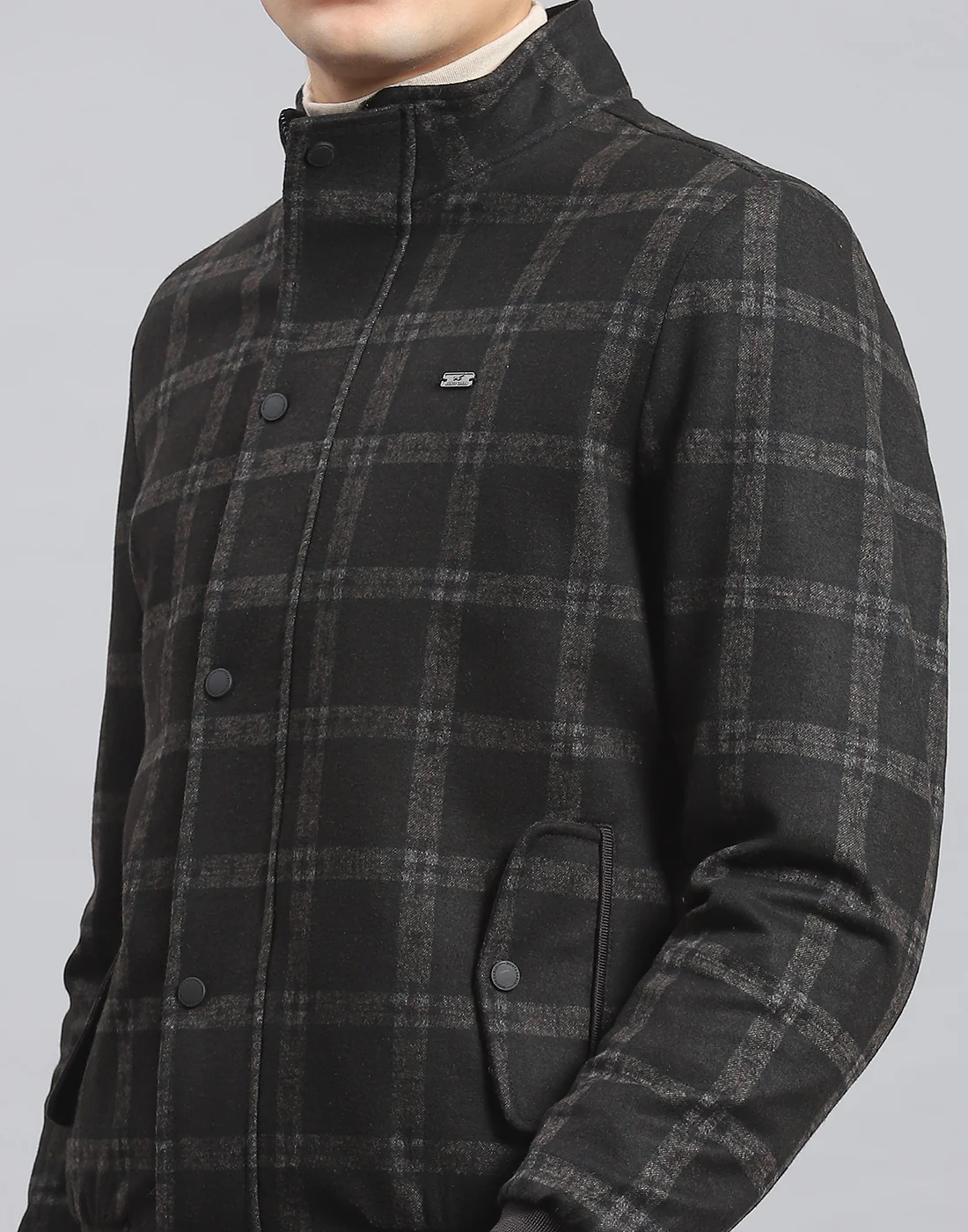 Men Black Check Stand Collar Full Sleeve Coat - Image 6