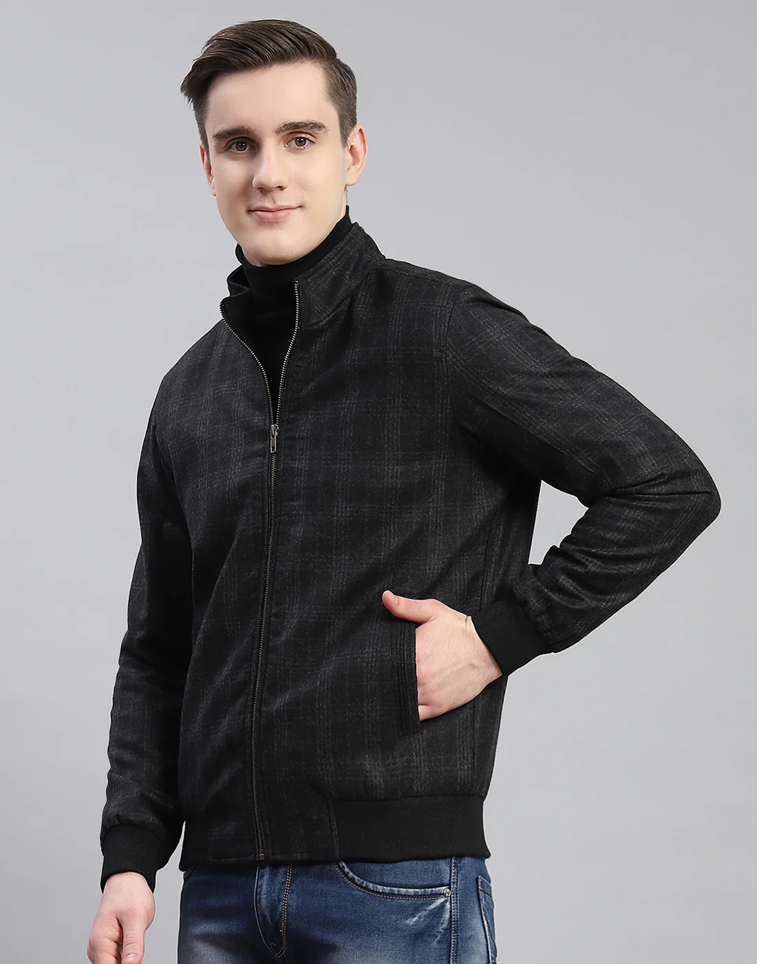Men Black Check Stand Collar Full Sleeve Coat - Image 3