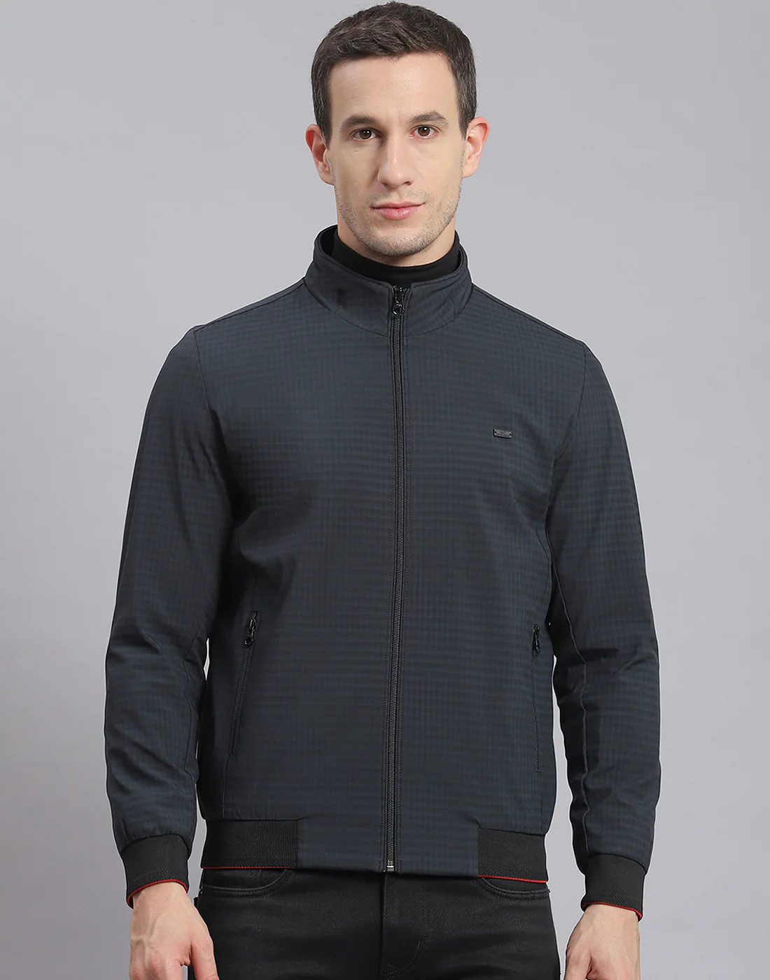 Men Black Check Stand Collar Full Sleeve Jacket - Image 2