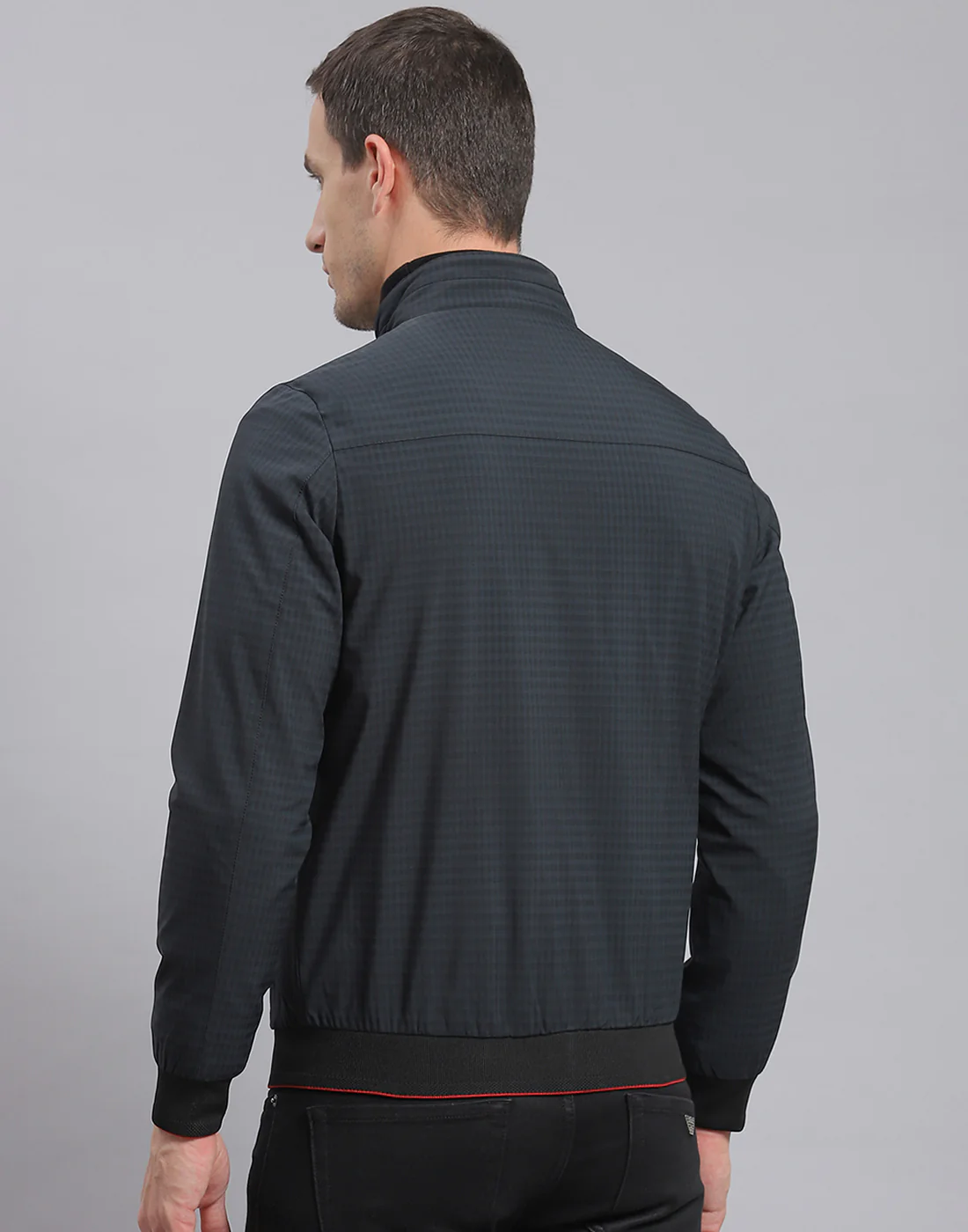 Men Black Check Stand Collar Full Sleeve Jacket - Image 6