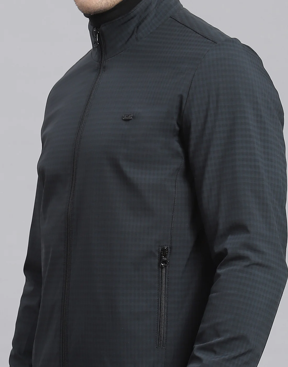 Men Black Check Stand Collar Full Sleeve Jacket - Image 7