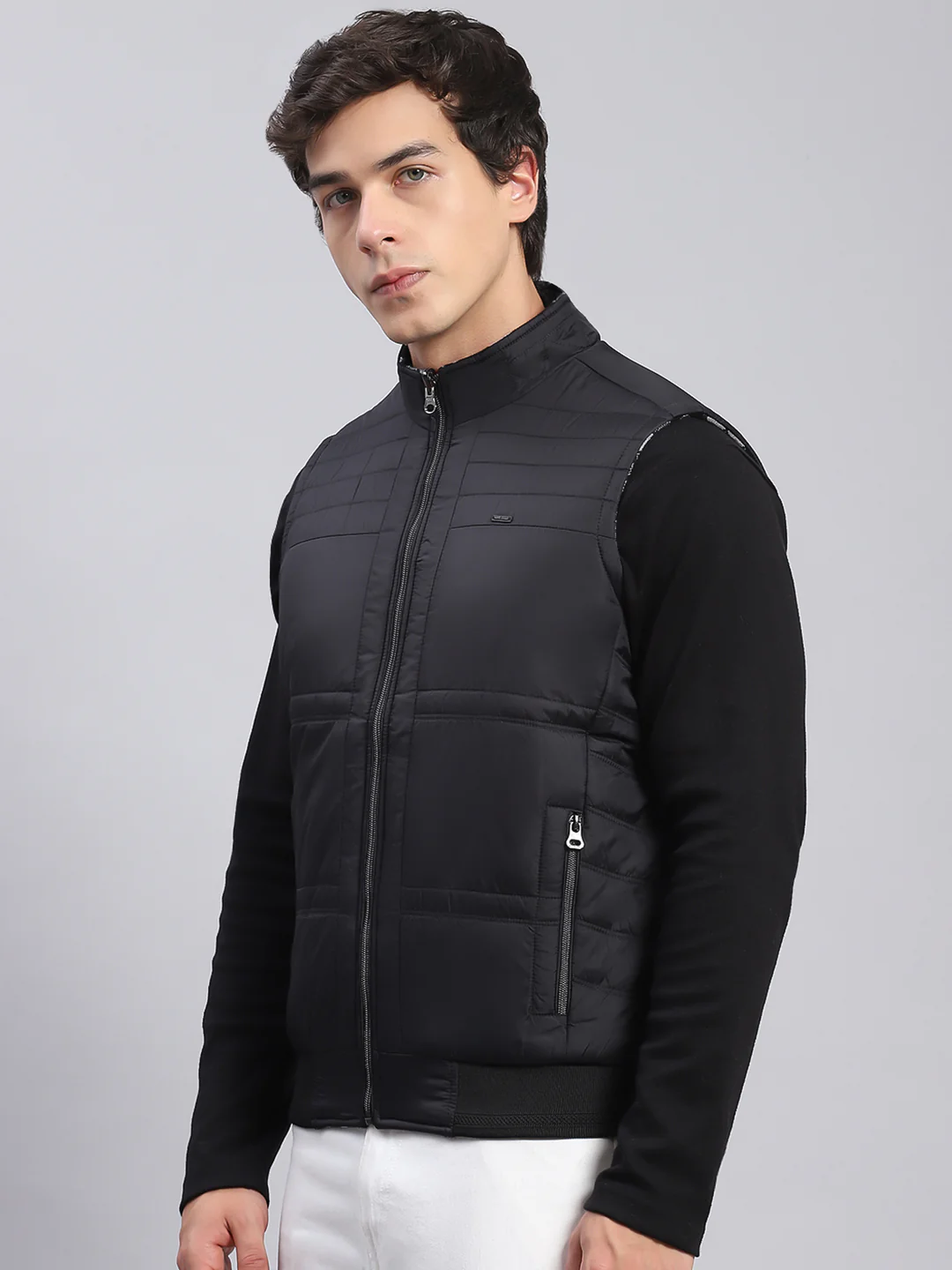Men Black Check Stand Collar Sleeveless Jackets - Image 4