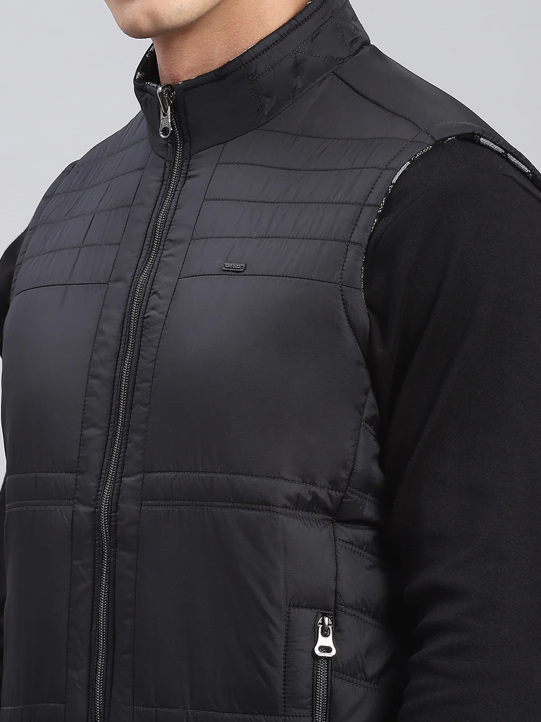 Men Black Check Stand Collar Sleeveless Jackets - Image 5
