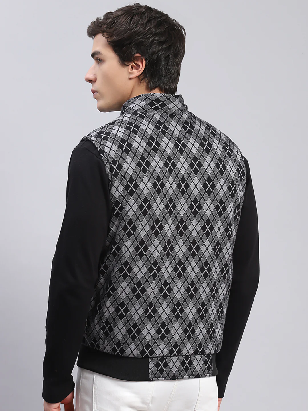 Men Black Check Stand Collar Sleeveless Jackets - Image 8