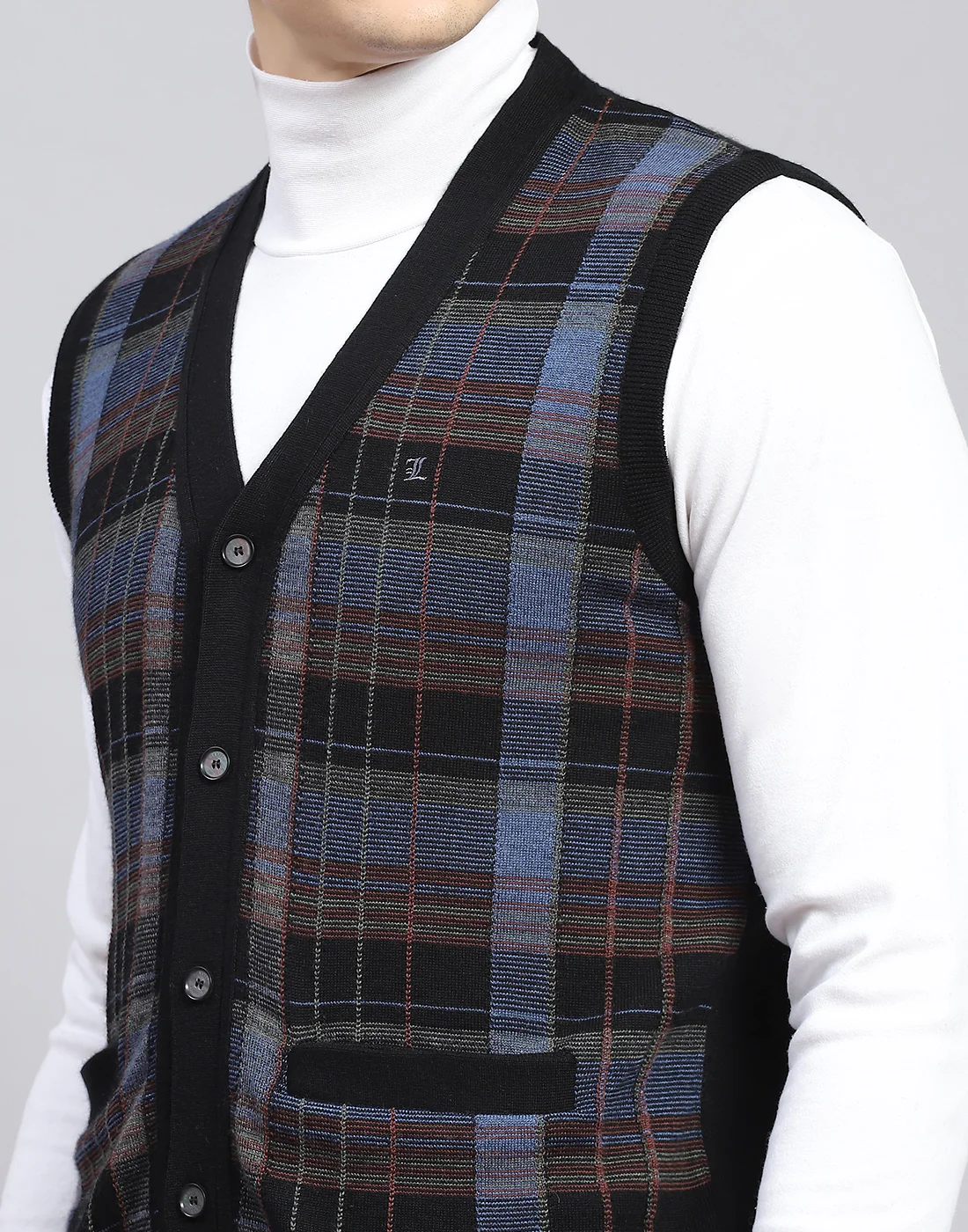 Men Black Check V Neck Sleeveless Sweater - Image 8