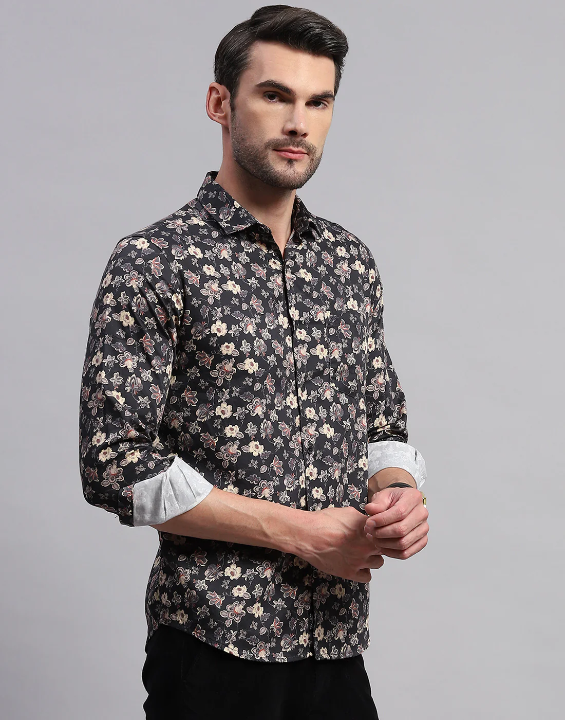 Men Black Floral Print Collar Neck Full Sleeve Shirt - Image 4