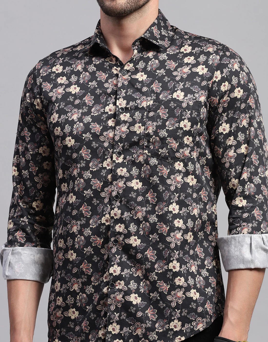 Men Black Floral Print Collar Neck Full Sleeve Shirt - Image 6