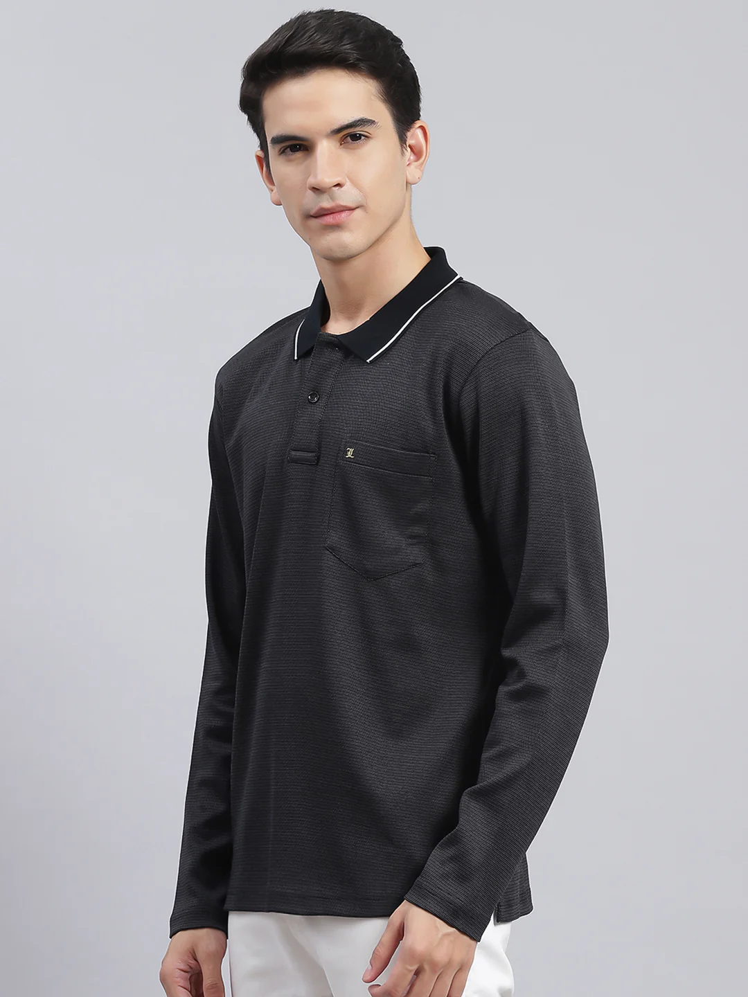 Men Black Jaquard Double Mercerized Cotton T-Shirt - Image 4