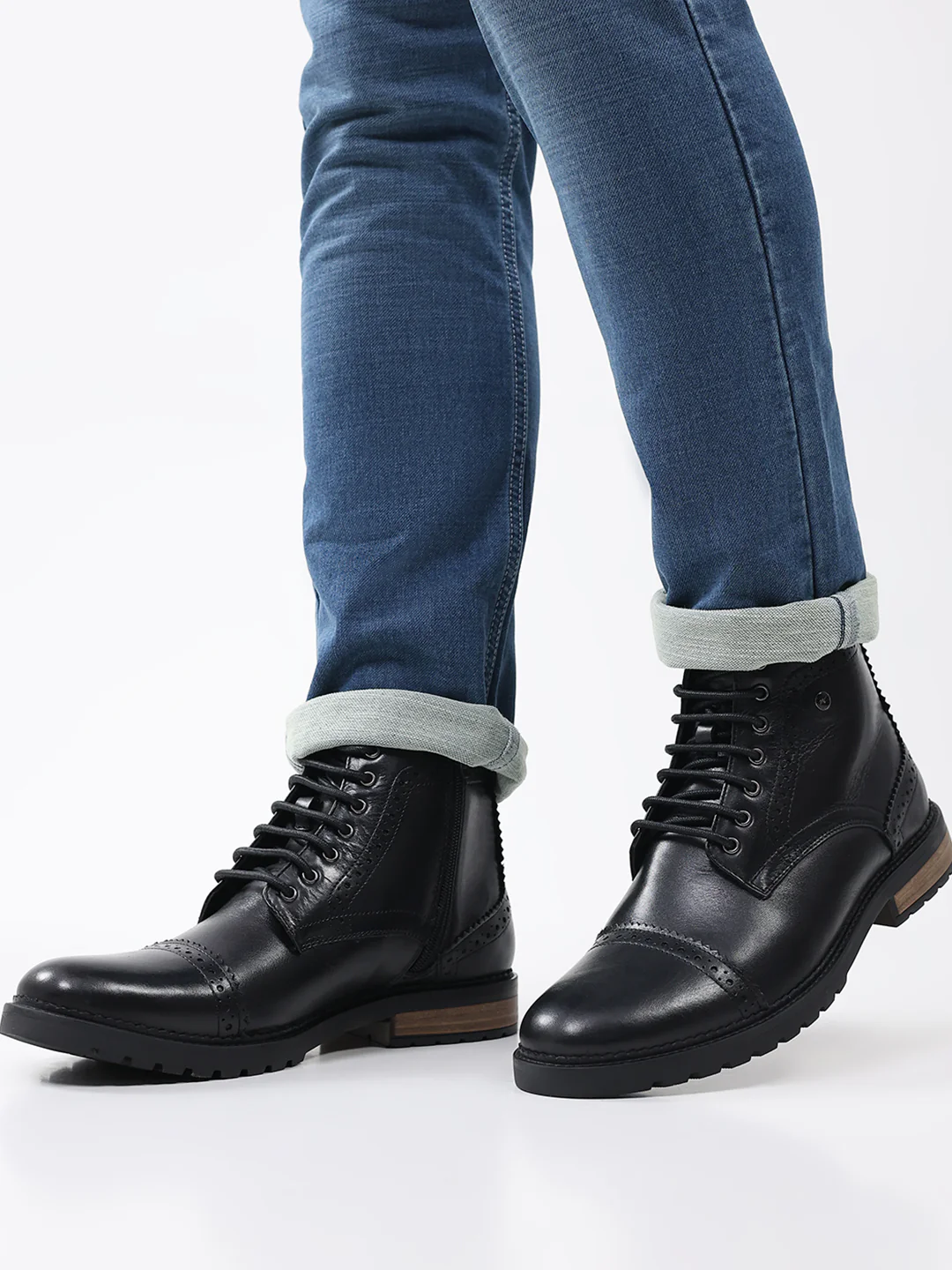 Men Black Genuine Leather Lace Up Boots - Image 11