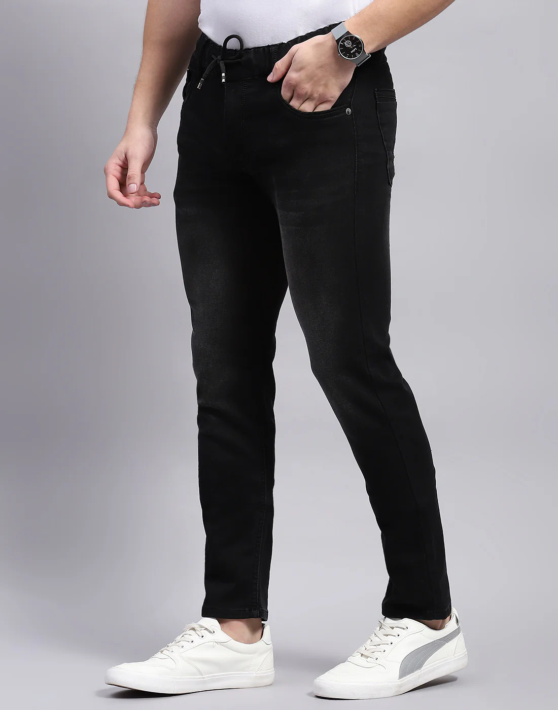 Men Black Light Wash Regular Fit Denim - Image 3