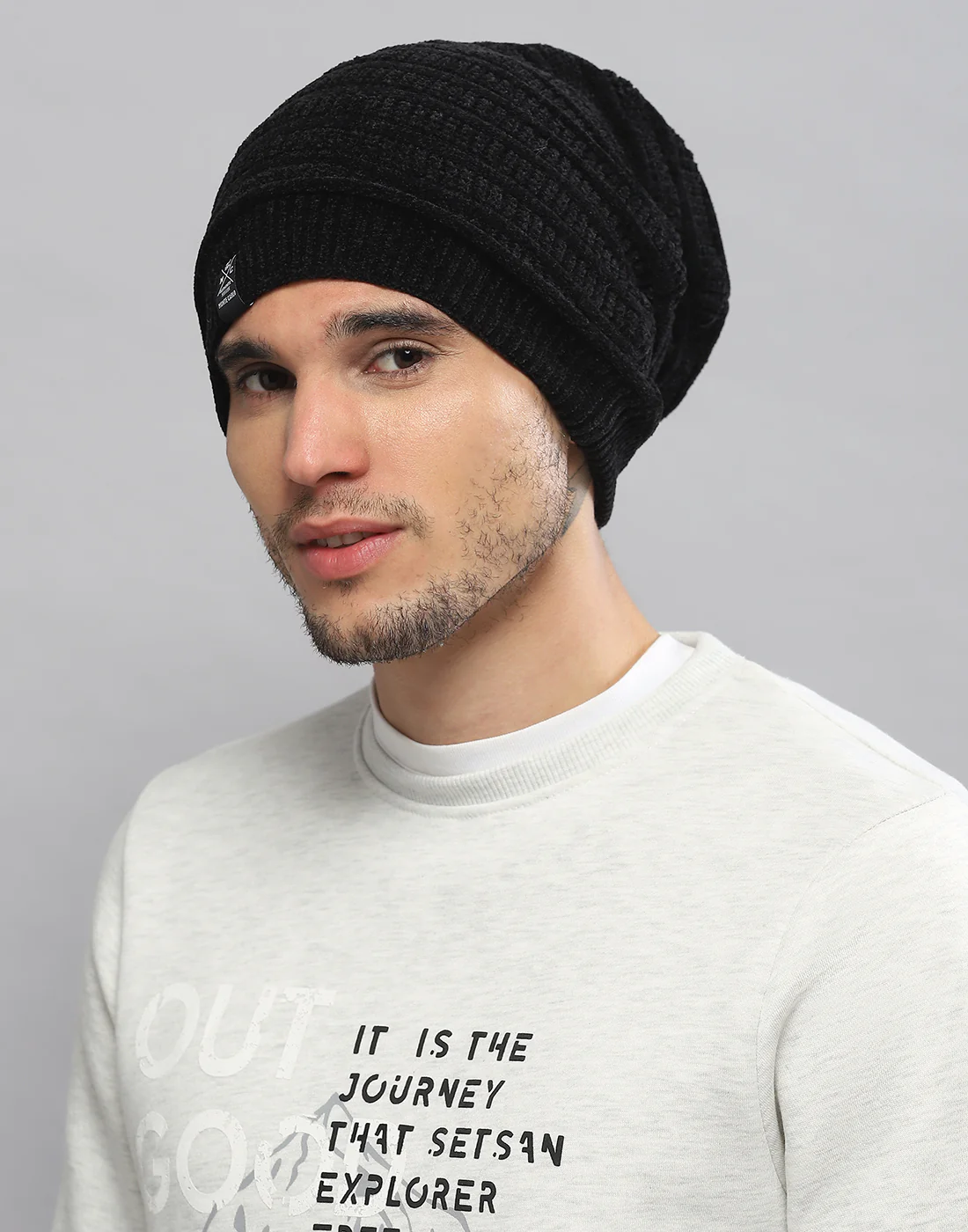 Men Black Printed Blend Wool Cap - Image 2