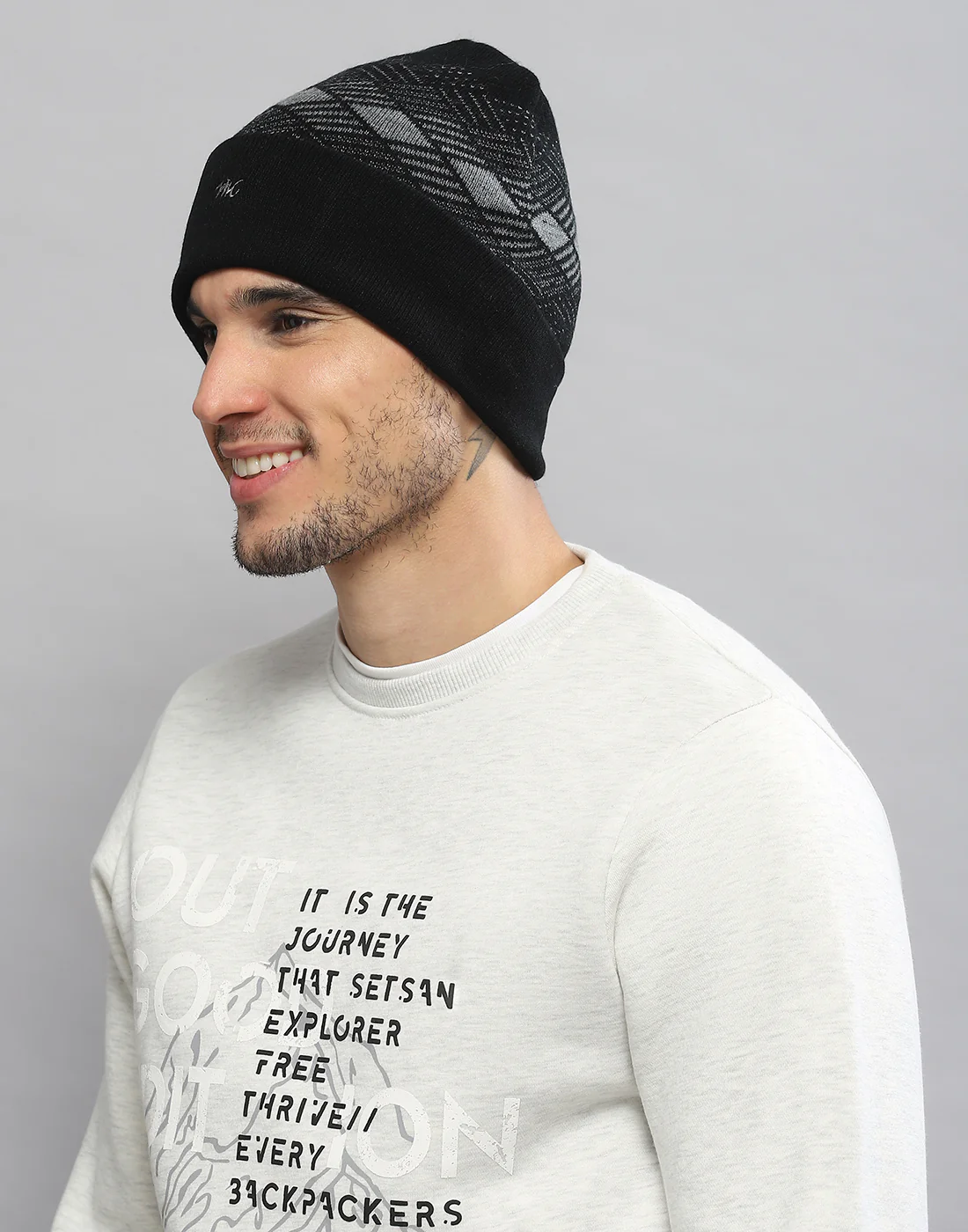 Men Black Printed Blend Wool Cap - Image 2