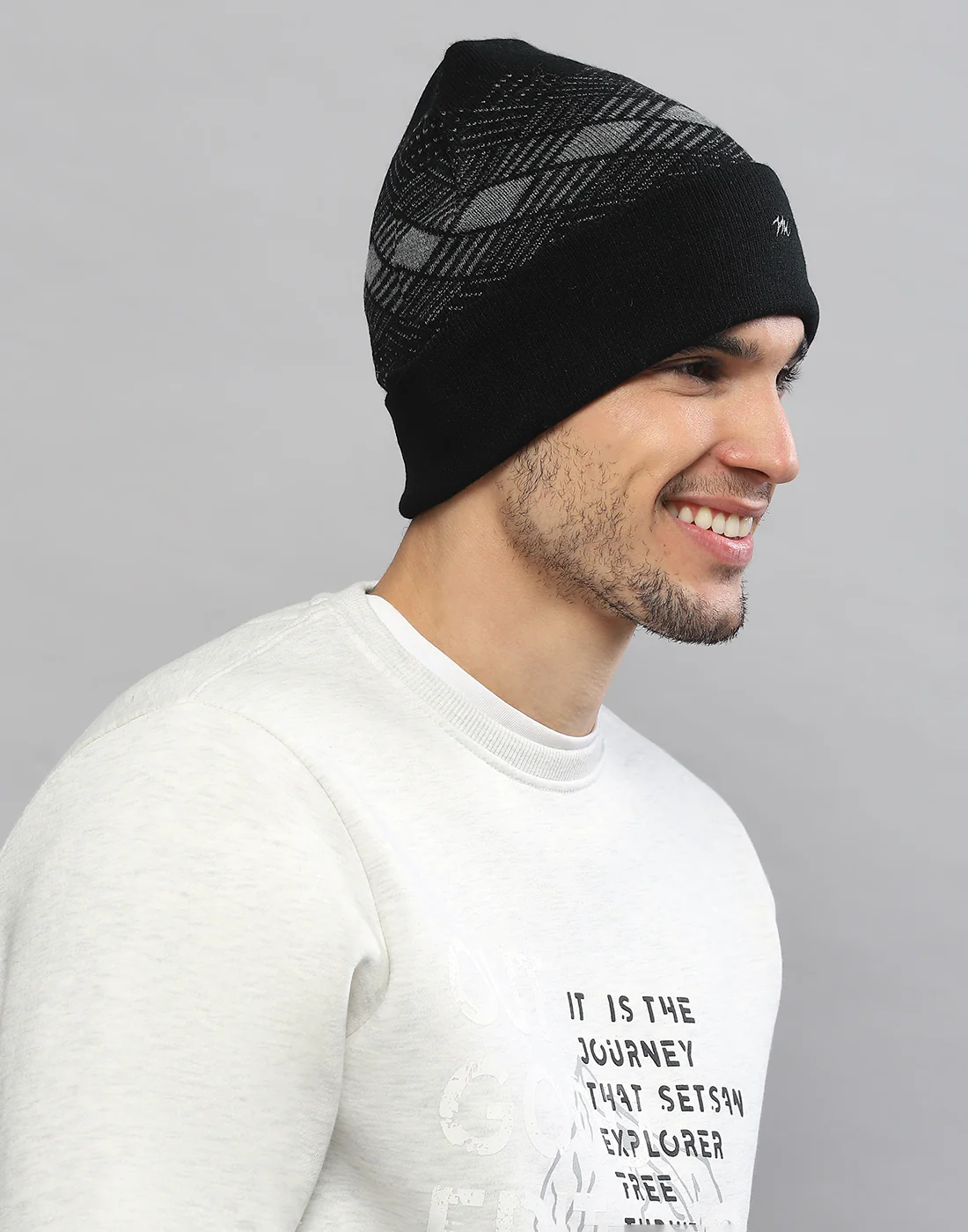 Men Black Printed Blend Wool Cap - Image 3