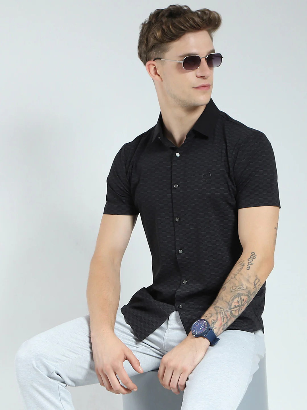 Men Black Printed Collar Half Sleeve Shirt - Image 6