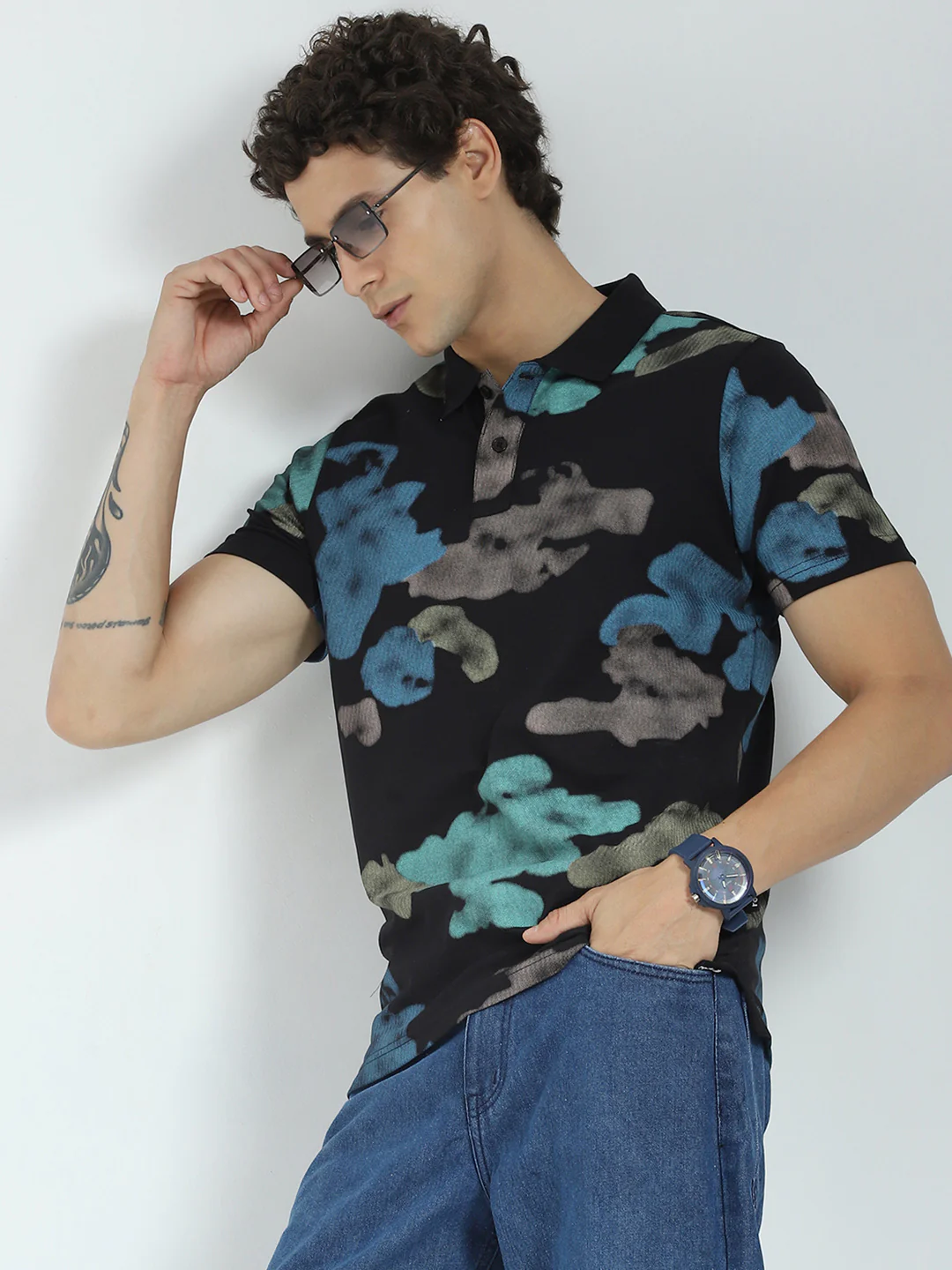 Rock.it Men Black Printed Collar Half Sleeve T-Shirt - Image 6