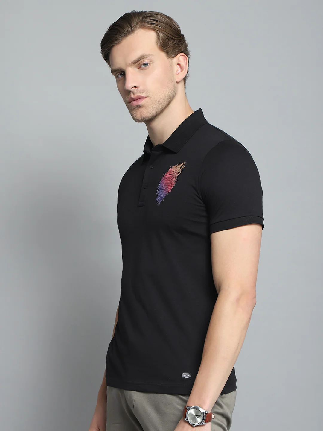 Men Black Printed Collar Half Sleeve T-Shirt - Image 3