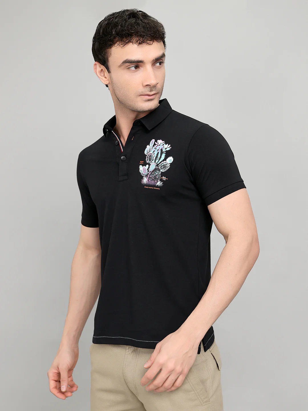 Men Black Printed Collar Half Sleeve T-Shirt - Image 2