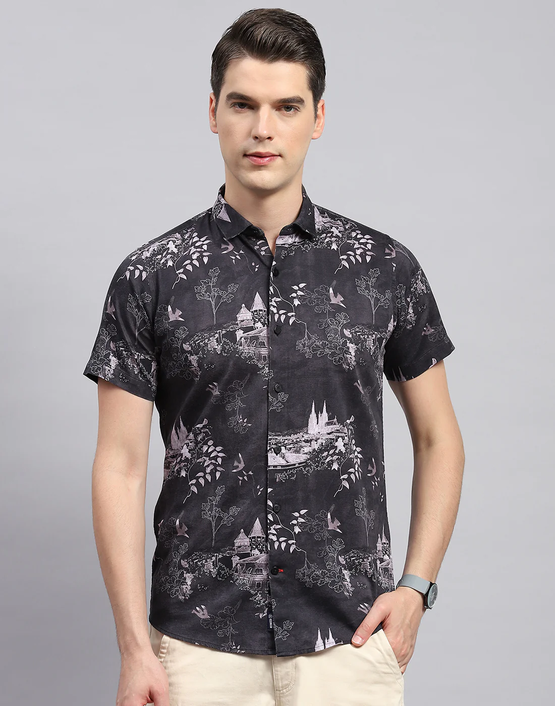 Men Black Printed Collar Neck Half Sleeve Shirt - Image 3