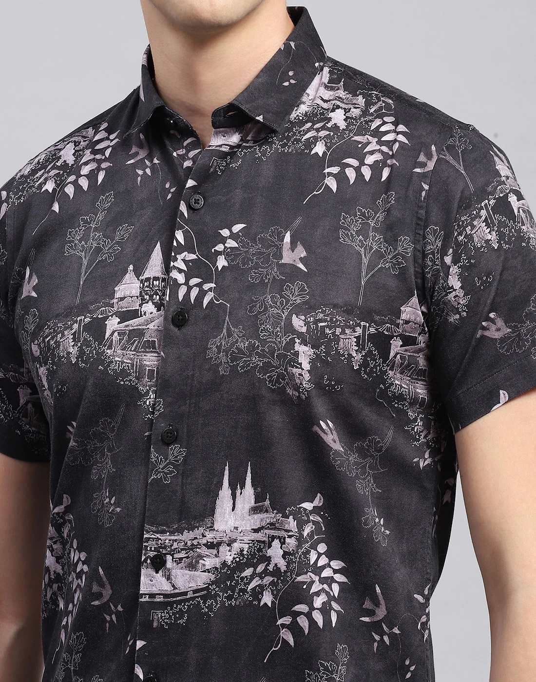 Men Black Printed Collar Neck Half Sleeve Shirt - Image 6