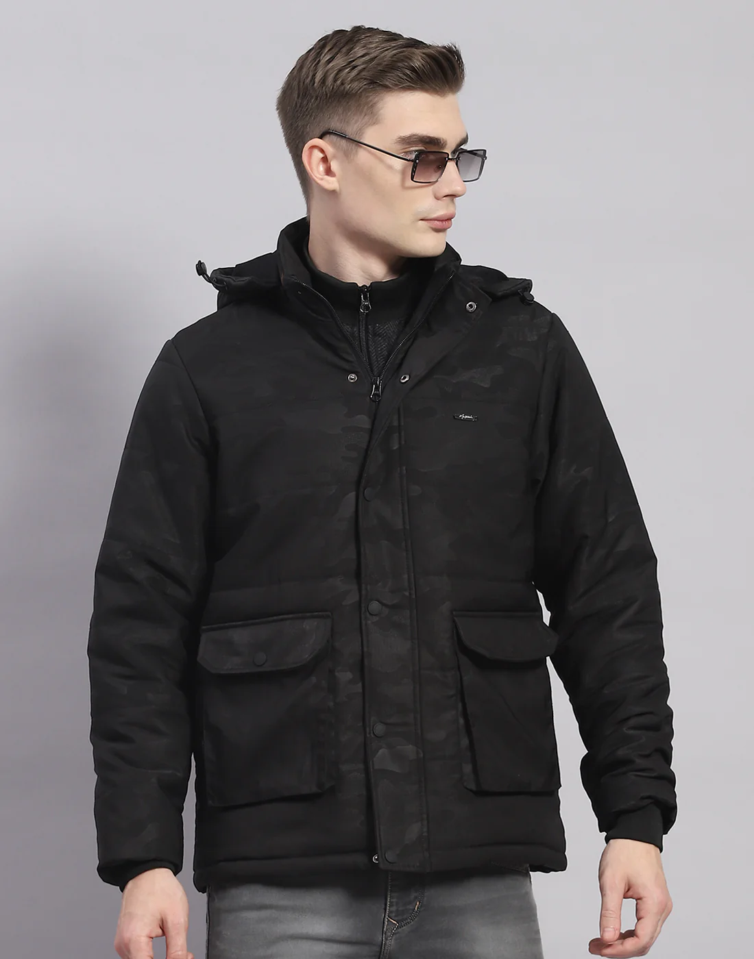 Men Black Printed Hooded Full Sleeve Jacket - Image 2