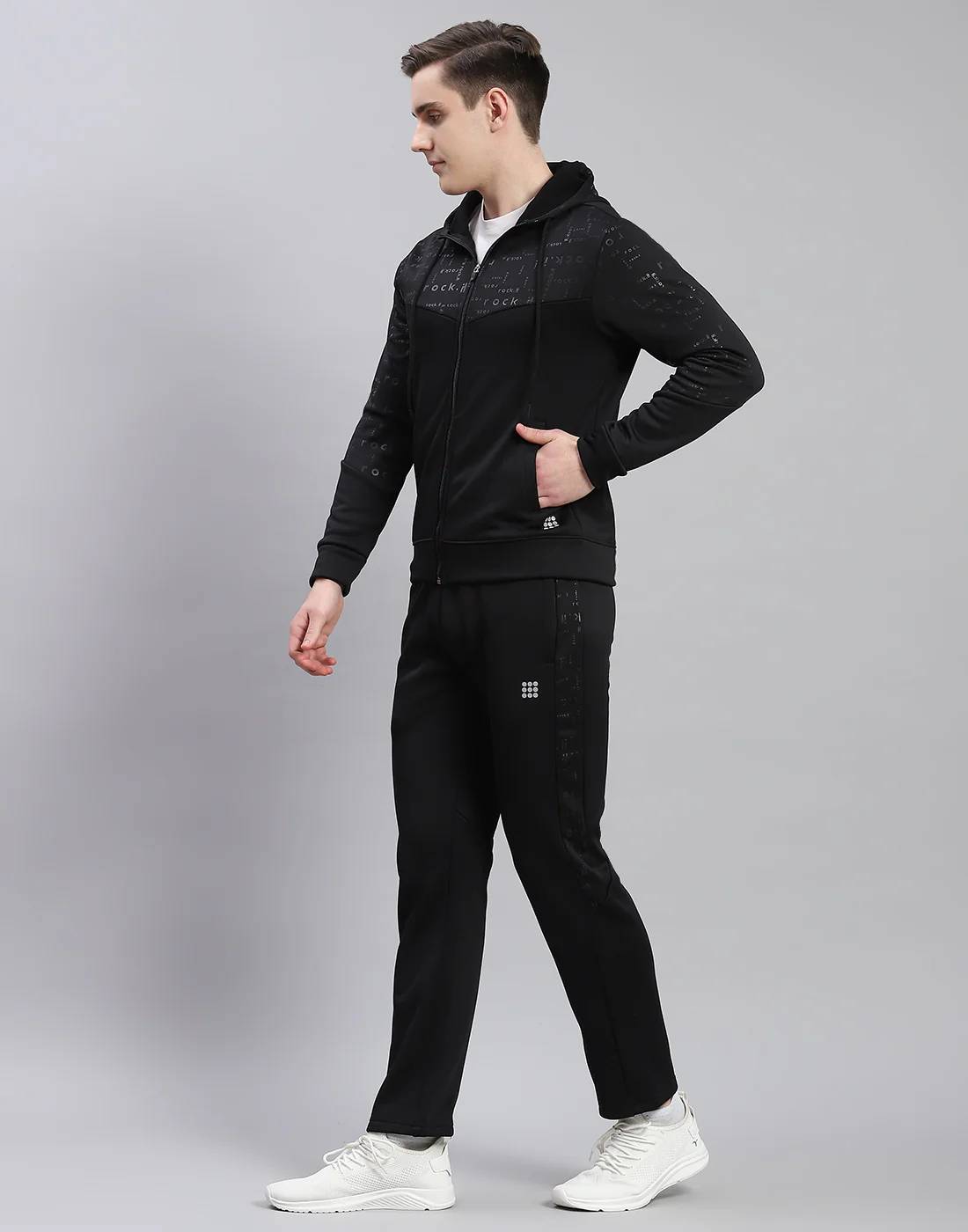 Rock.it Men Black Printed Hooded Full Sleeve Tracksuit - Image 3