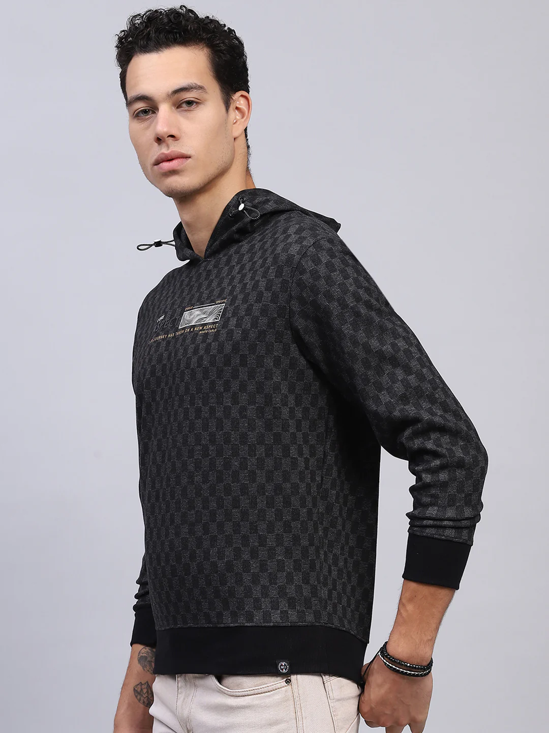 Men Black Printed Hooded Full Sleeve Winter T-Shirt - Image 3