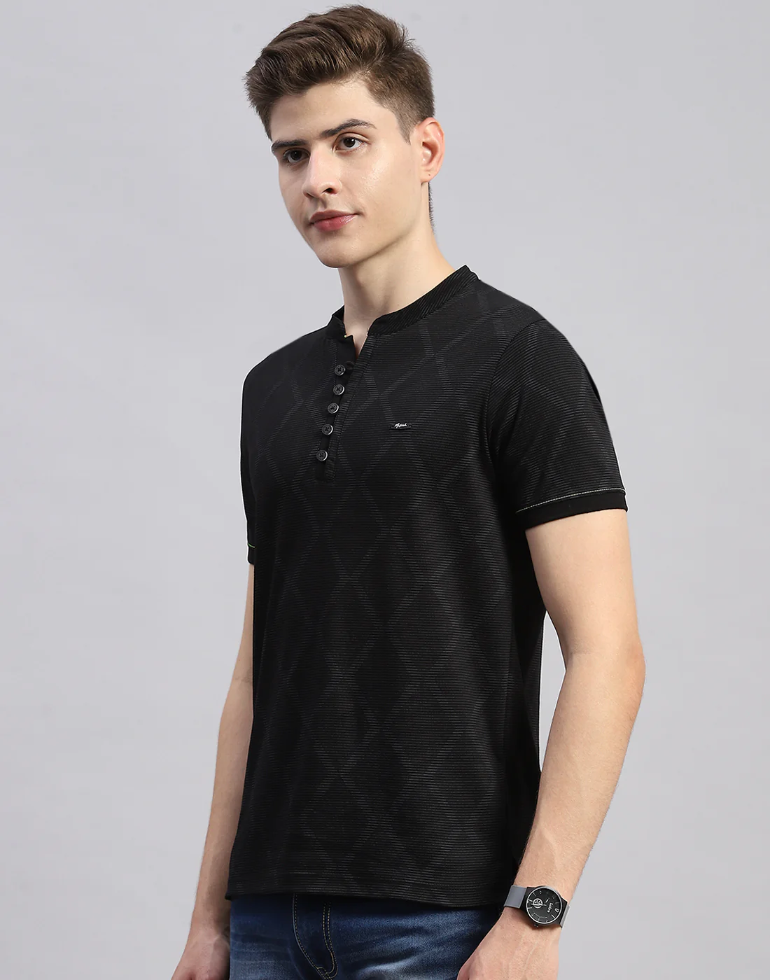 Men Black Printed Mandarin Neck Half Sleeve T-Shirt - Image 3