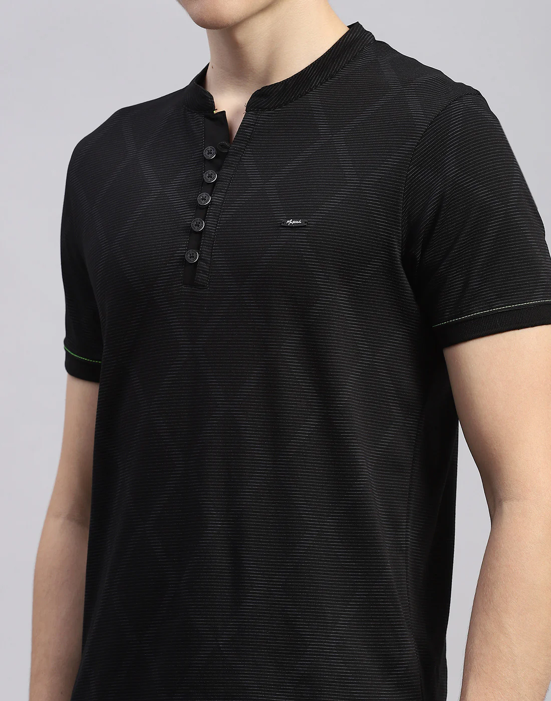 Men Black Printed Mandarin Neck Half Sleeve T-Shirt - Image 6