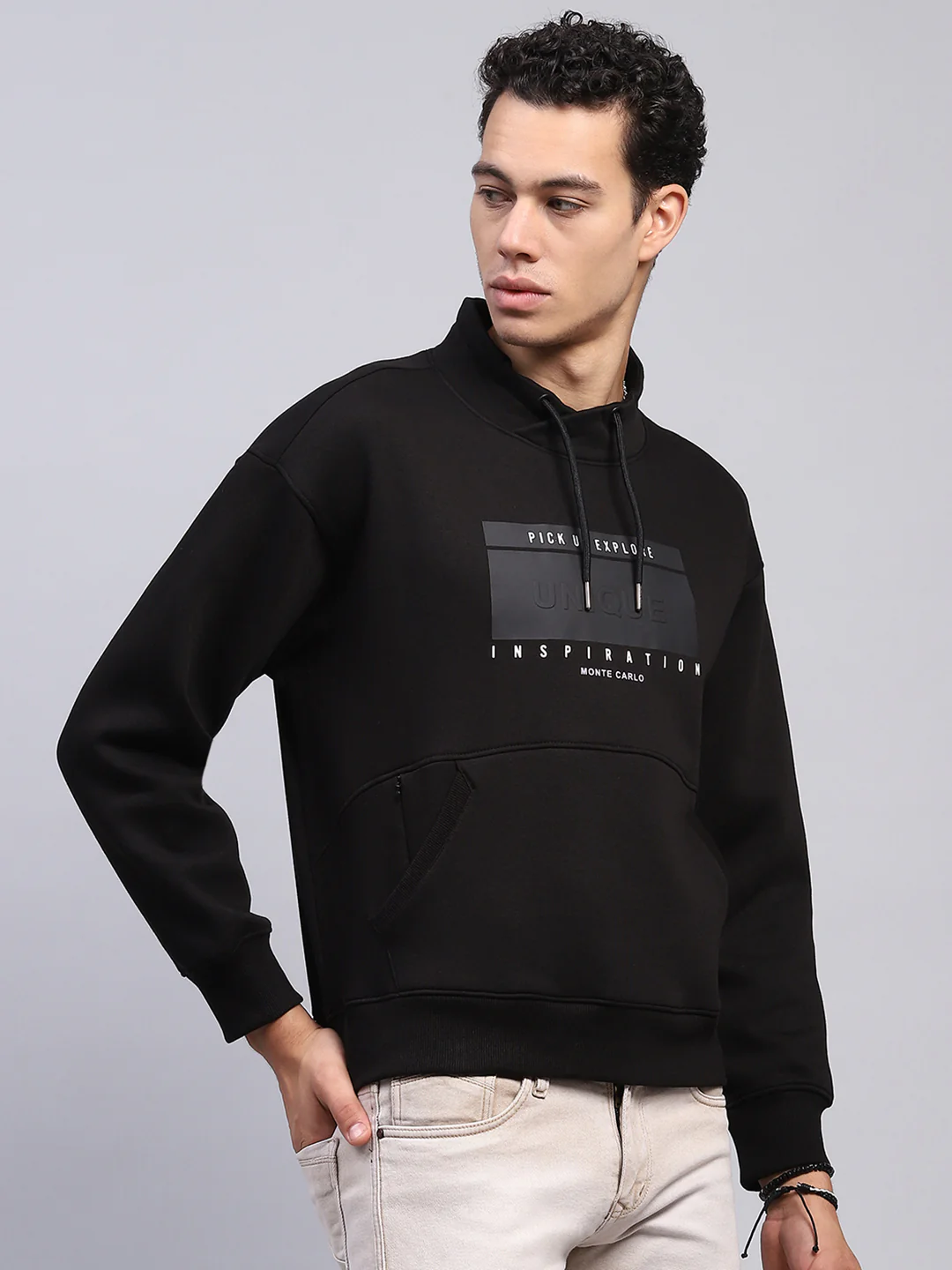 Men Black Printed Mock Neck Full Sleeve Sweatshirt - Image 4