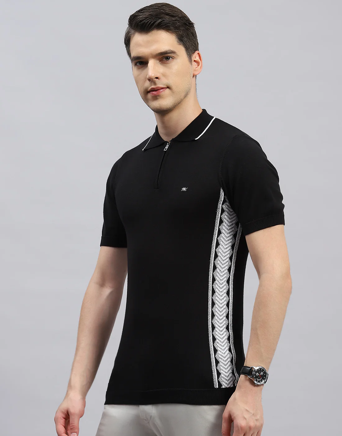 Men Black Printed Polo Collar Half Sleeve T-Shirt - Image 3