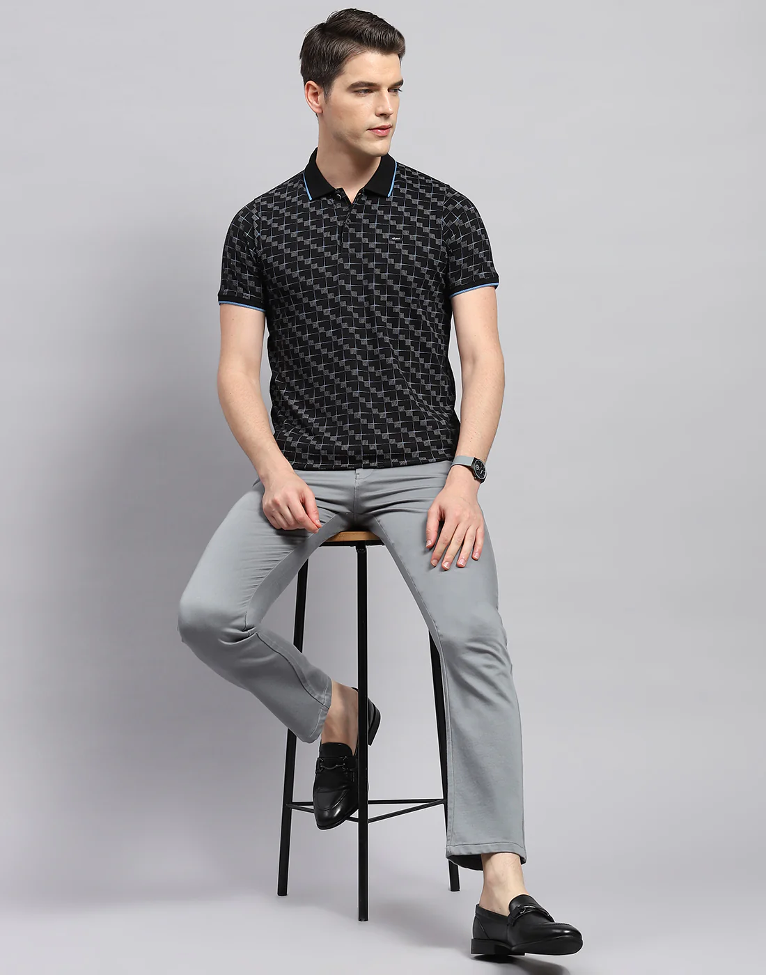 Men Black Printed Polo Collar Half Sleeve T-Shirt - Image 2