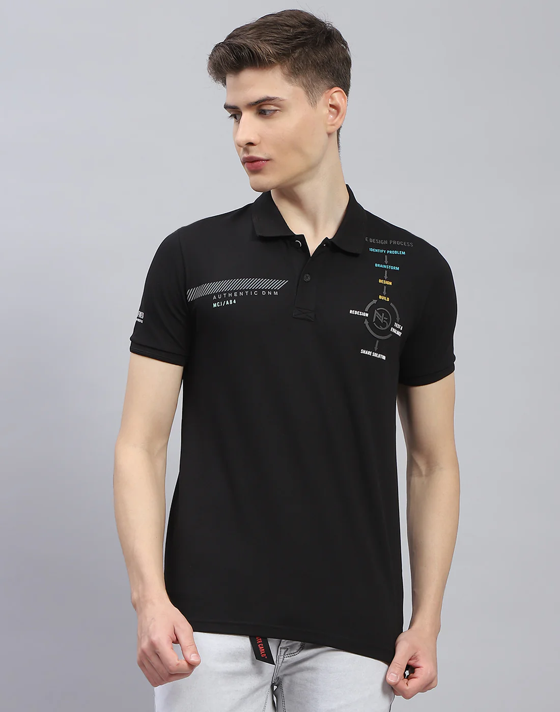 Men Black Printed Polo Collar Half Sleeve T-Shirt - Image 3