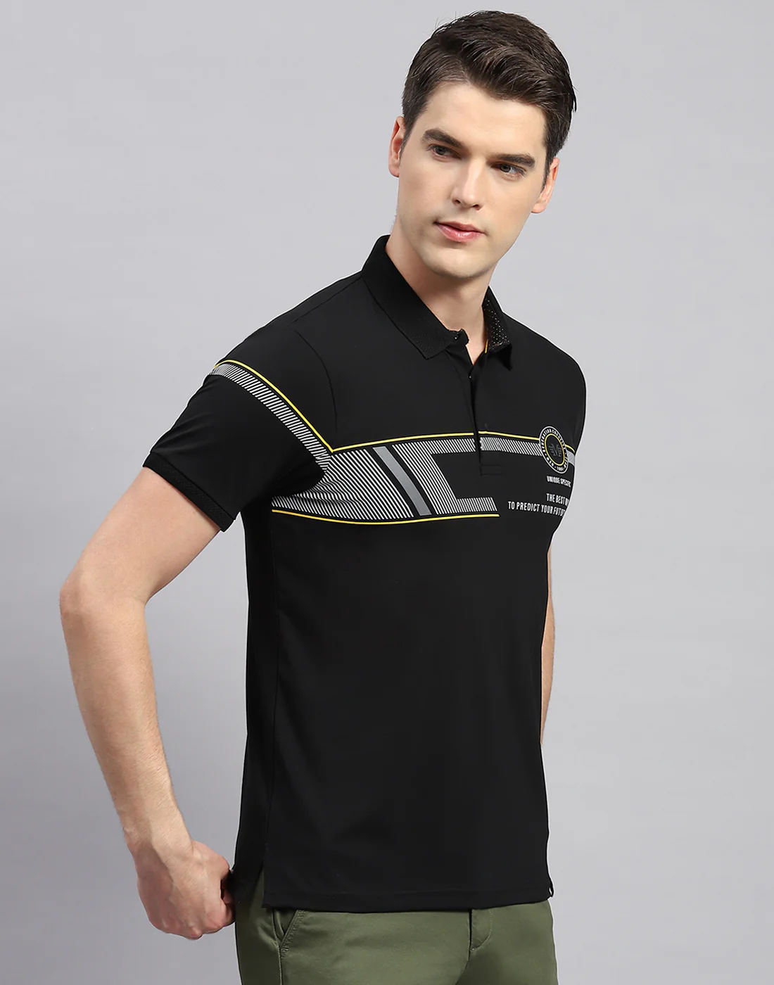 Men Black Printed Polo Collar Half Sleeve T-Shirt - Image 4