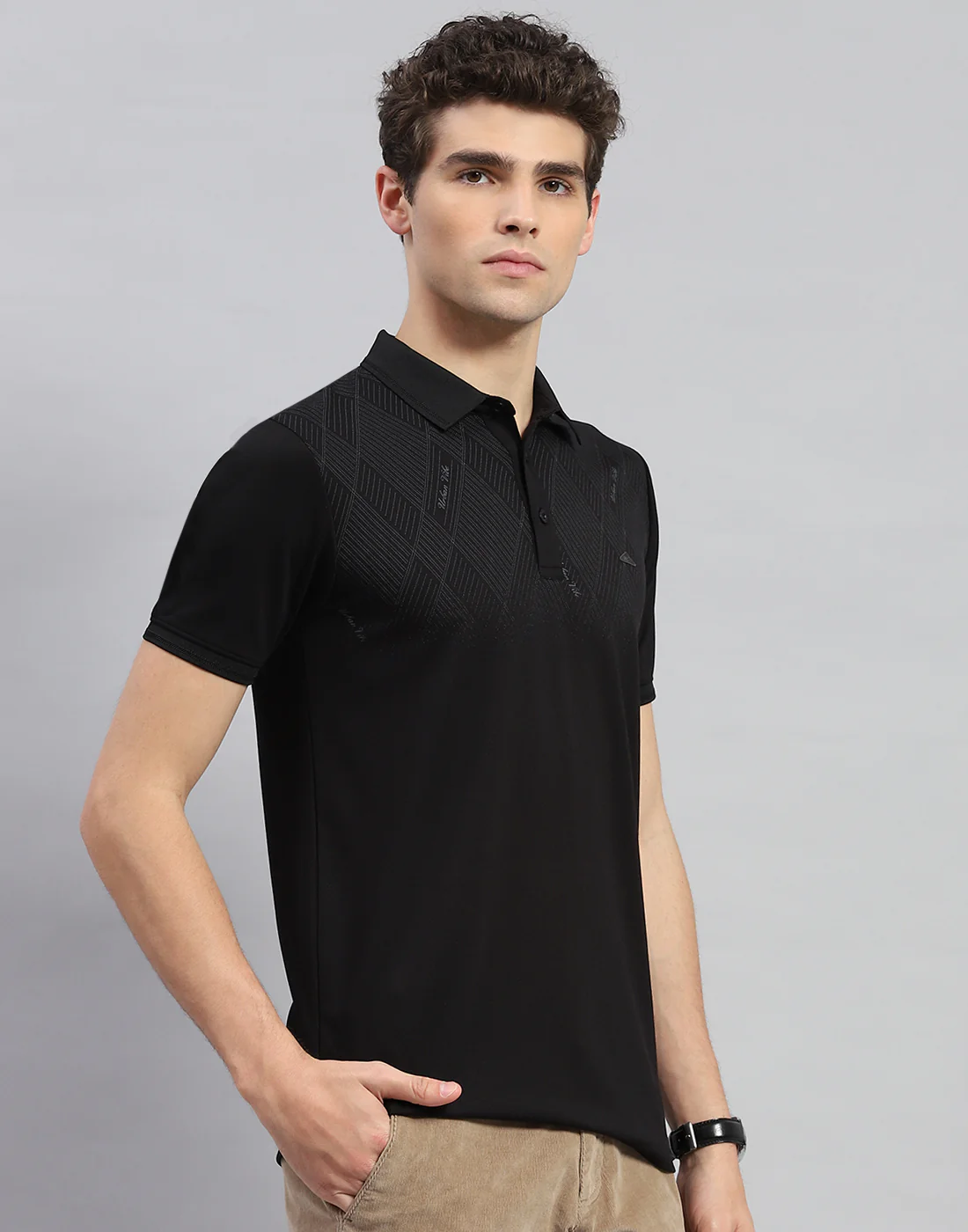 Men Black Printed Polo Collar Half Sleeve T-Shirt - Image 4