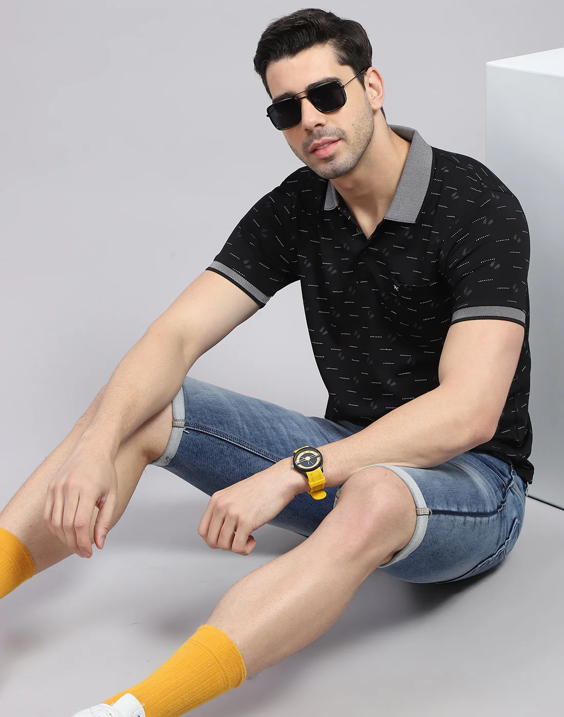Men Black Printed Polo Collar Half Sleeve T-Shirt - Image 2