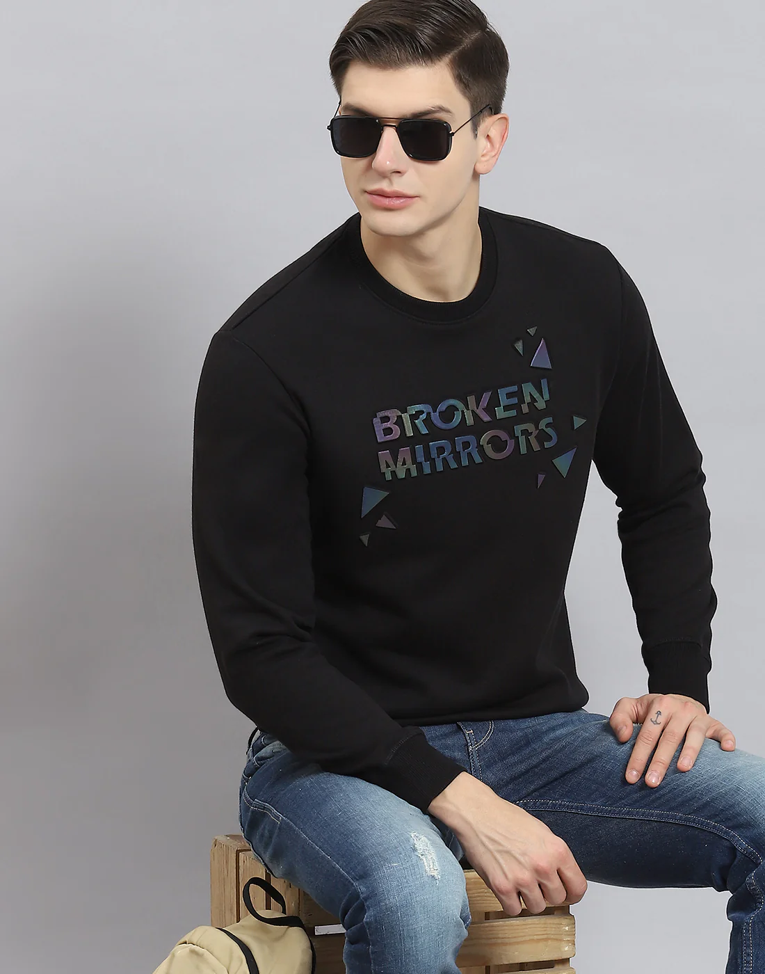 Men Black Printed Round Neck Full Sleeve Sweatshirt - Image 2