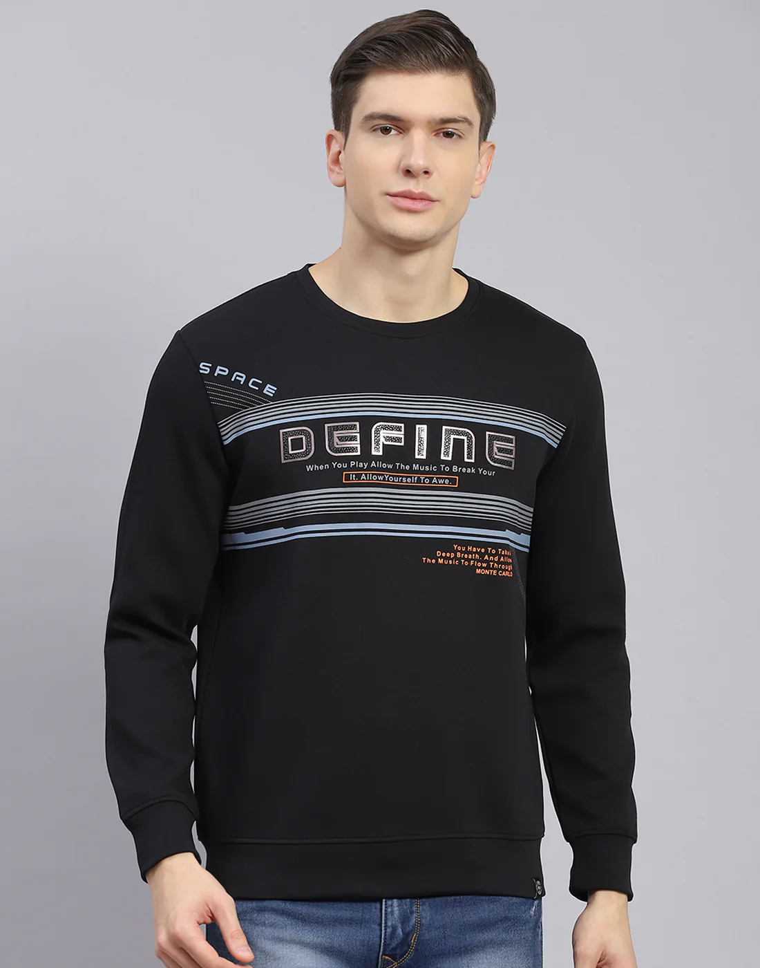 Men Black Printed Round Neck Full Sleeve Sweatshirt - Image 3