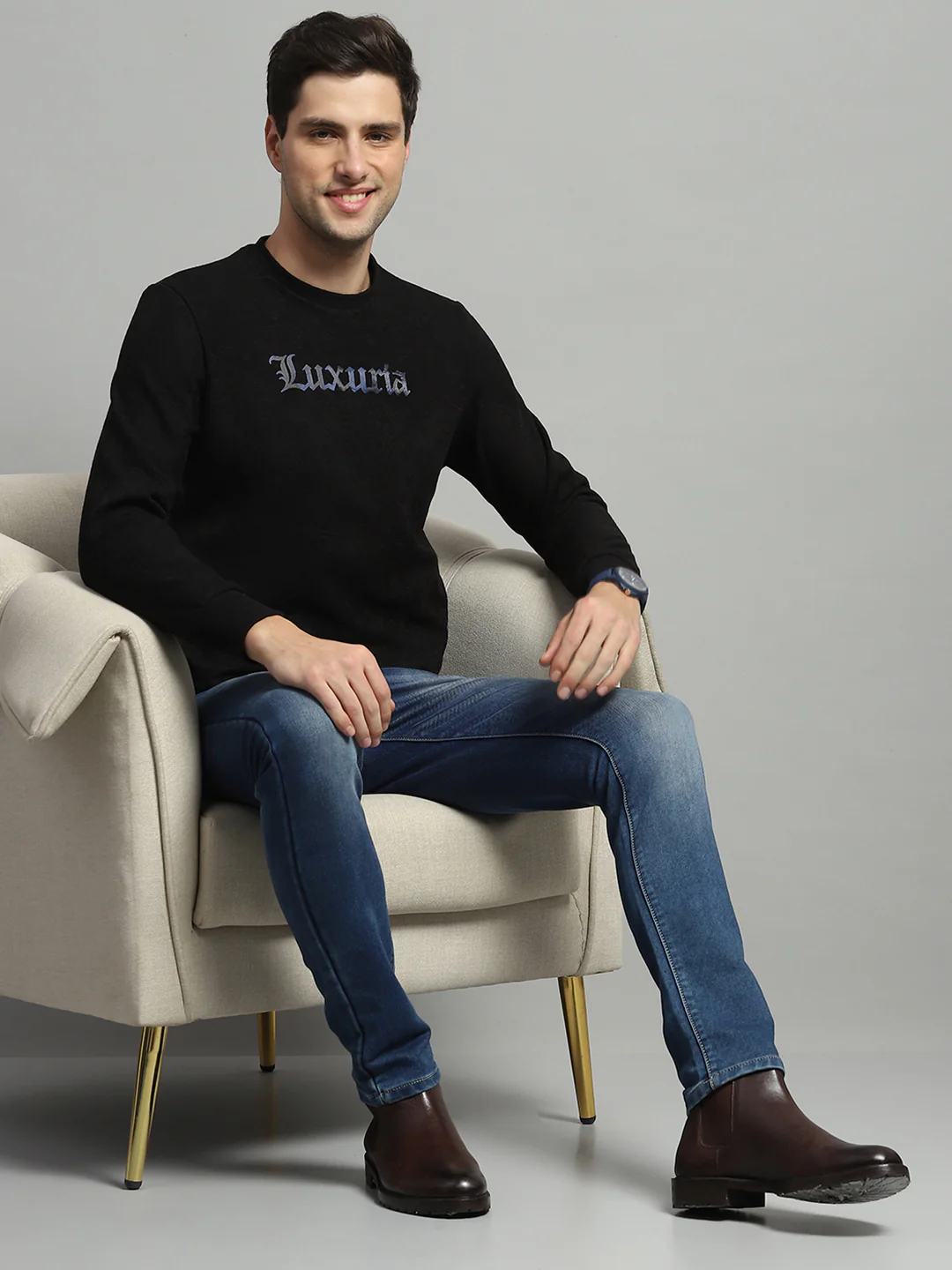Men Black Printed Round Neck Full Sleeve Sweatshirt - Image 2