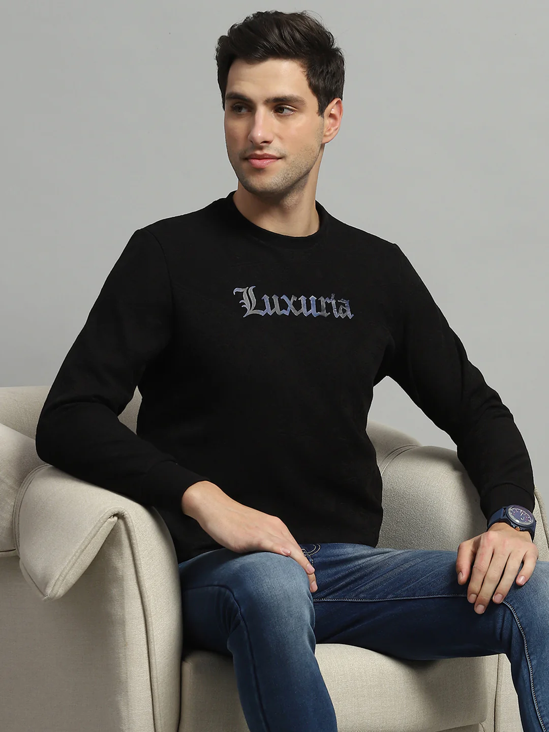 Men Black Printed Round Neck Full Sleeve Sweatshirt - Image 6