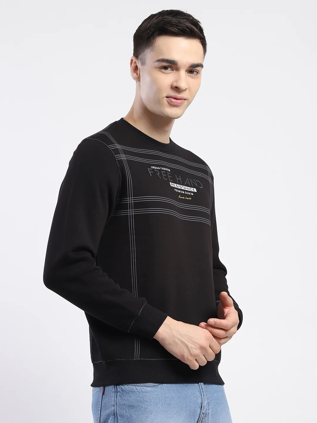 Men Black Printed Round Neck Full Sleeve Sweatshirt - Image 4